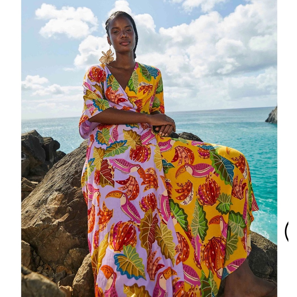 Farm Rio Mixed Beaks & Bananas Maxi Wrap Dress Small Tropical Small New